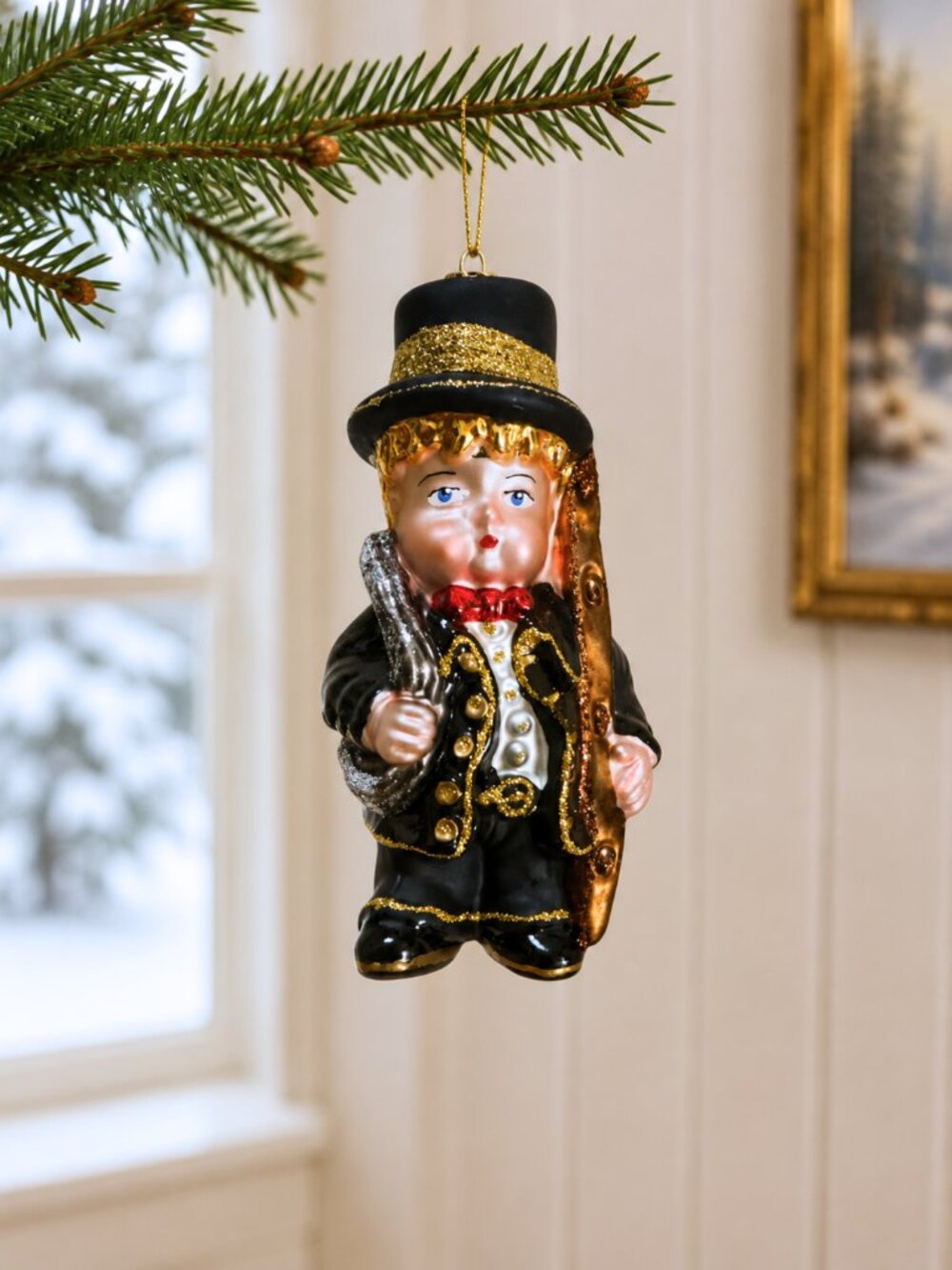 Vintage Hand Blown Glass Chimney Sweep Ornament Black Gold Glitter 4"